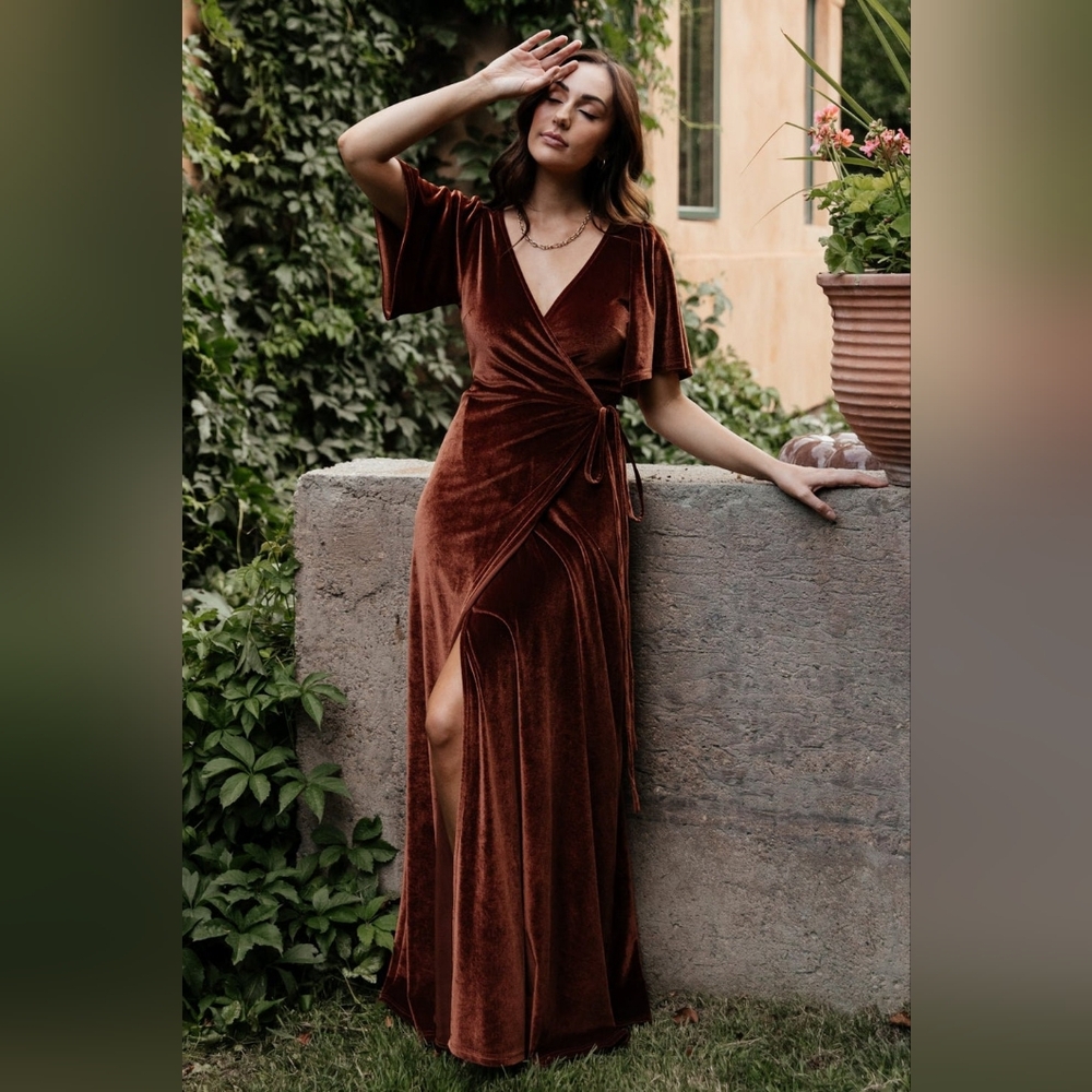 BALTIC BORN Meghan Velvet Wrap Maxi Dress Bronze Medium NWT